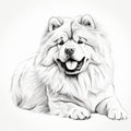 Monochromatic Line Drawing Of A Chow Chow Dog On White Background