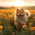 Chow Chow puppy running through a field of wildflowers in the golden hour by AI generated