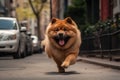 Chow-chow dog running on the street. Shallow depth of field