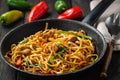 Chow mein with chicken, Chinese dish. Royalty Free Stock Photo