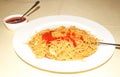 Chowmein, served hot in breakfast with red tomato ketchup.