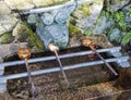 Chozuya purification fountain ladles. Traditional Japanese Shinto wash basin for ritual cleaningof worshipers Royalty Free Stock Photo