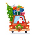 Chrismas car with Santa Claus as the driver with gifts, tree and decorations.