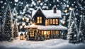 chrismas festive celebrate greeting backgroun of joyful house with snow flake and pine tree xmas theme decoration joyful