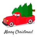 Chrismas truck. Red car with Christmas tree. Vector Royalty Free Stock Photo