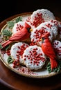Chrismass cookies on a plate with red birds symbol