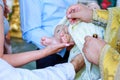 Chrismation sacrament of newborn baby during christening Royalty Free Stock Photo