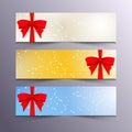 Christmas and New Year banners set with snowflakes and red bows on blue, yellow and white background. Vector Royalty Free Stock Photo