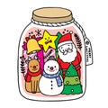 Hand draw cartoon cute Merry Christmas, Santa claus, deer, snowman and decoration christmas in glass bottel vector.