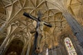 Christ, celling and column from Manueline style interior of Jeronimos Monastery, Belem. Royalty Free Stock Photo