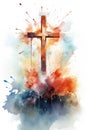 Christ cross in style of abstract watercolor painting, babtism religious background