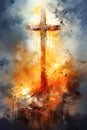 Christ cross in style of abstract watercolor painting, babtism religious background