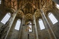 Christ Crucified and vertical view to Gothic chor vault of Saint Michaels Church, Schwabisch Hall, Baden-Wurttemberg, Germany Royalty Free Stock Photo