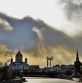 Christ Redeemer cathedral and other Moscow landmarks in sunrays Royalty Free Stock Photo