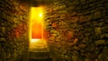 Christ is risen. Exit from the cave stairs up bright sun with rays. Biblical story concept. Easter