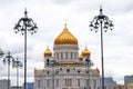 Christ the Savior Church in Moscow, Russia. Vintage street lights. Royalty Free Stock Photo