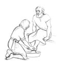 Christ washes Peter`s feet. Pencil drawing