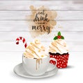 Christmas holiday background with coffee and cupcake