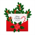 Christmas red envelope with holliday letter. Merry Christmas and Happy New Year greeting card with holly and poinsettia