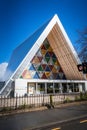 Christchurch, New Zealand, October 2, 2019: Main facade of the cardboard cathedral temporarily made after the earthquake taken on
