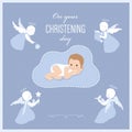 Baptism of the child, christening card with cute angels and baby
