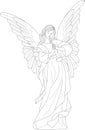 Christian angel playing on flute graphic sketch template. Cartoon vector illustration in black and white