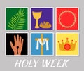 Christian banner Holy Week with a collection of icons about Jesus Christ. The concept of Easter and Palm Sunday. flat Royalty Free Stock Photo