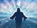 Christian baptism illustration concept with dove and man silhouette in the sea Royalty Free Stock Photo