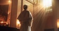 Christian Bishop Standing in Front of a Window In Church, Reflecting on Earthly Life and Mortality