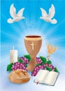 Blue background concept christian symbols with wooden chalice bread bible grapes candle dove Royalty Free Stock Photo