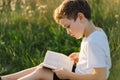 Christian boy holds bible in her hands. Reading the Holy Bible in a field during beautiful sunset Royalty Free Stock Photo