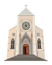 Christian catholic church. Building of gothic cathedral. Religious architecture exterior. Vector isolated illustration