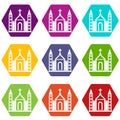 Christian Catholic Church Building Icon Set Color Hexahedron