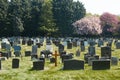 A Christian cemetery on a bright sunny day with trees in blossom Royalty Free Stock Photo