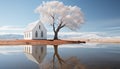 Christian chapel nestled in snowy mountains, reflecting God tranquility generated by AI