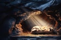 Christian Christmas scene with empty wooden manger, star of Bethlehem in cave. Birth of Jesus Christ, nativity scene Royalty Free Stock Photo