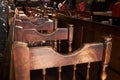 Christian church chairs row. wooden cathedral seats