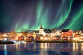 Christian church in fishing village glowing with aurora borealis explosion