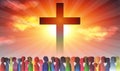 Christian church with group of people. Silhouette Christian people at the cross. Crowd of believing people. Finding Christianity. Royalty Free Stock Photo