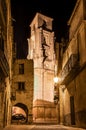 Christian church Iglesia de la AsunciÃÂ³n in Calaceite, vertical picture by night, Calasseit, Teruel, Aragon, Spain