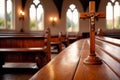 Christian church interior background with wooden furniture and cross