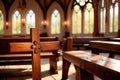 Christian church interior background with wooden furniture and cross