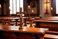 Christian church interior background with wooden furniture and cross