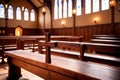 Christian church interior background with wooden furniture and cross