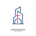 Christian church logo. Bible symbols. Cross of Jesus Christ on the background of buildings Royalty Free Stock Photo