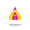 Christian church logo. Bible symbols. The cross of Jesus Christ and the flame of the Holy Spirit Royalty Free Stock Photo