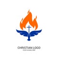 Christian church logo. Bible symbols. The cross of the Lord and Savior Jesus Christ, the dove and the flame Royalty Free Stock Photo