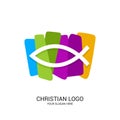 Christian church logo. Bible symbols. The fish is a symbol of Jesus Christ, in color blocks