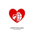 Christian church logo. Bible symbols. Globe, cross of Jesus Christ and dove against the background of the heart Royalty Free Stock Photo