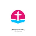 Christian church logo. Bible symbols. The open Bible and the cross of Jesus Christ Royalty Free Stock Photo